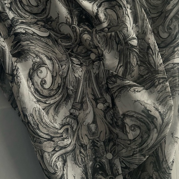 Worthington Ruffled Button Down Black/White Patterned Blouse w/ Waist Tie, Small - Picture 3 of 6